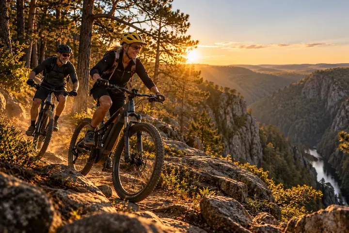 Paar auf E-Mountainbikes auf einem Felsweg über dem Bodetal im Harz